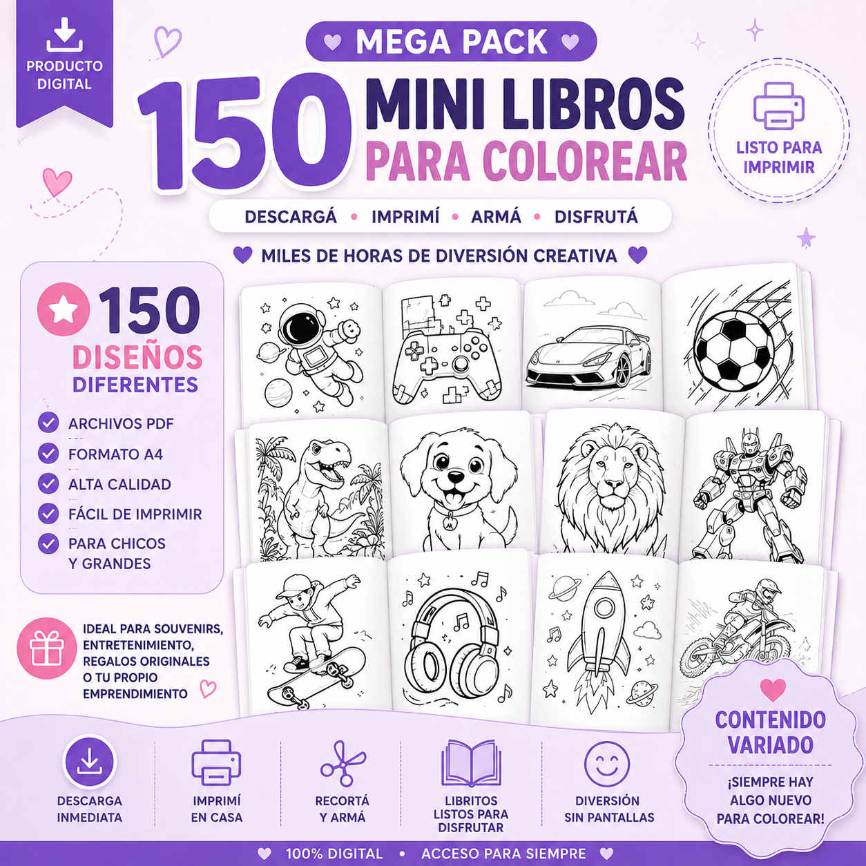 Mega Pack Mini Libros para Colorear Imprimibles | 150 Diseños PDF para Descargar