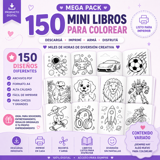 Mega Pack Mini Libros para Colorear Imprimibles | 150 Diseños PDF para Descargar